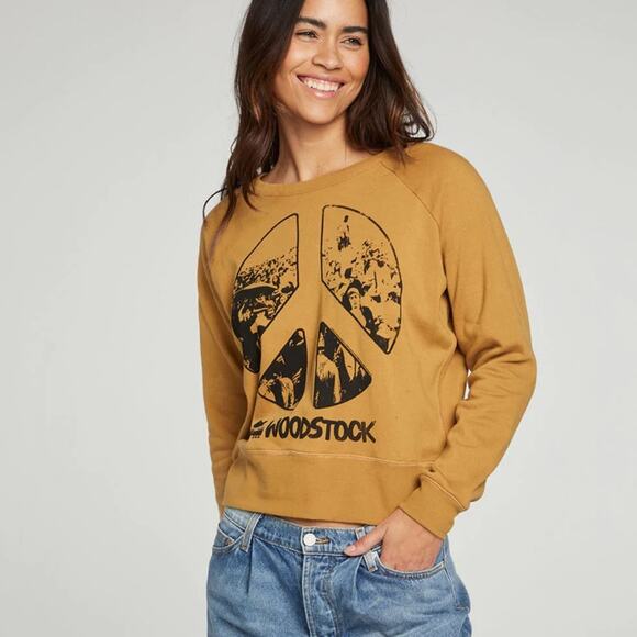 Chaser Women’s Woodstock Peace Sign Fleece Crewneck Pullover Mustard Sweatshirt - Picture 1 of 9